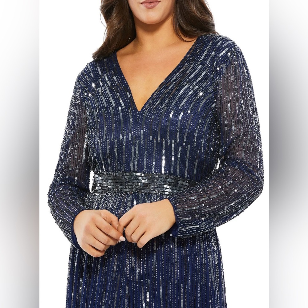 Mac Duggal Blue and Silver Sequin Gown with Bishop Sleeves SZ 18W - Picture 3 of 4